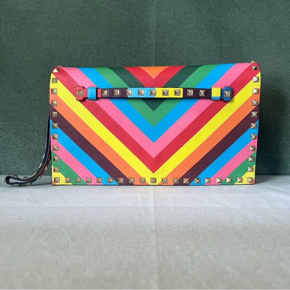 Valentino Multicolor Leather 1973 Rockstud Flap Clutch Wristlet Large